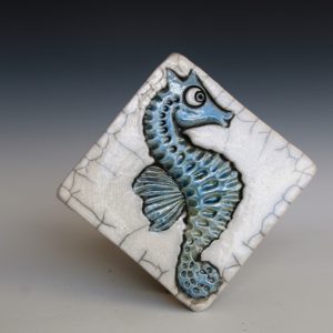 Seahorse Tile - Square with White Crackle Glaze